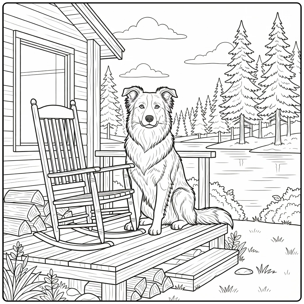 Peaceful border collie coloring page on a lakeside cabin porch