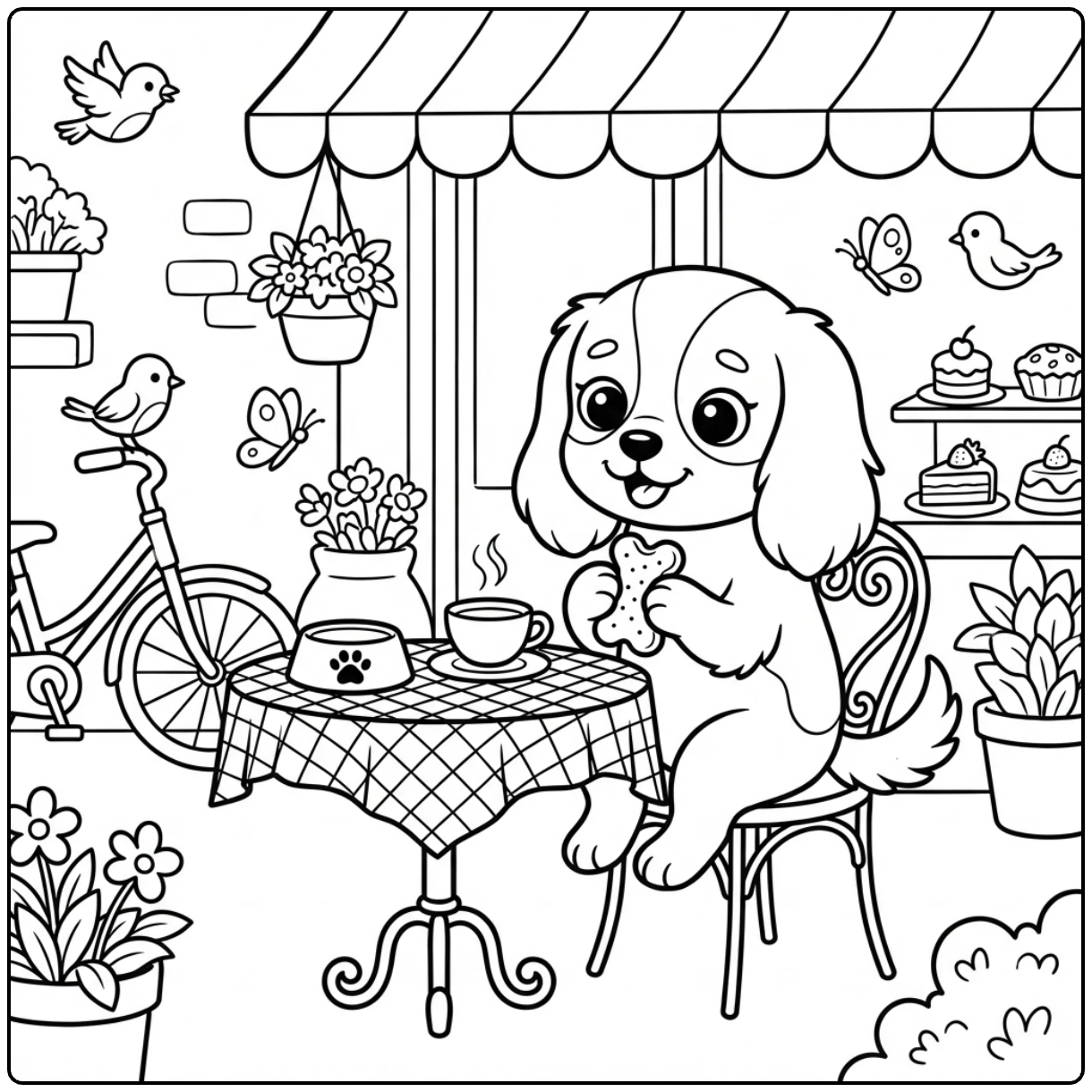 Cute Cavalier King Charles Spaniel coloring page at a cafe.