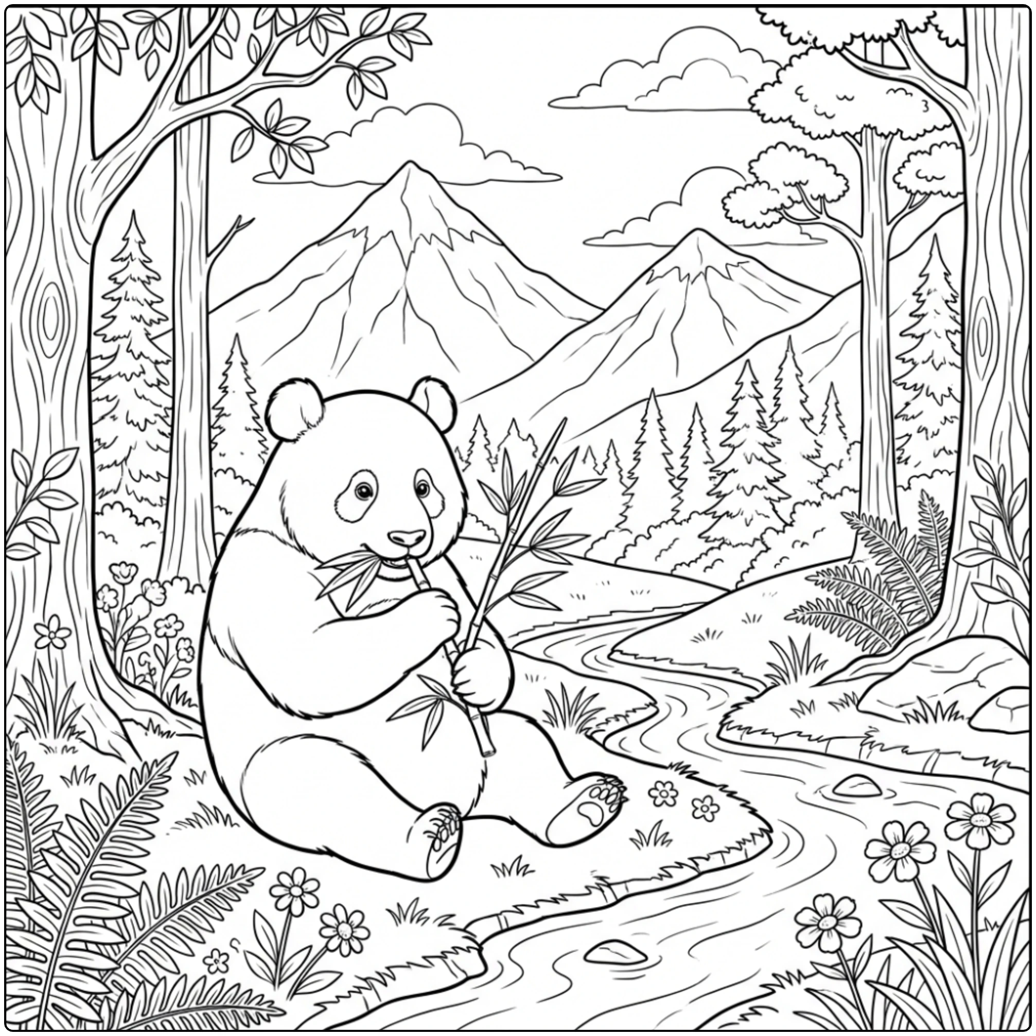 Animal coloring page of a panda eating bamboo in a forest.