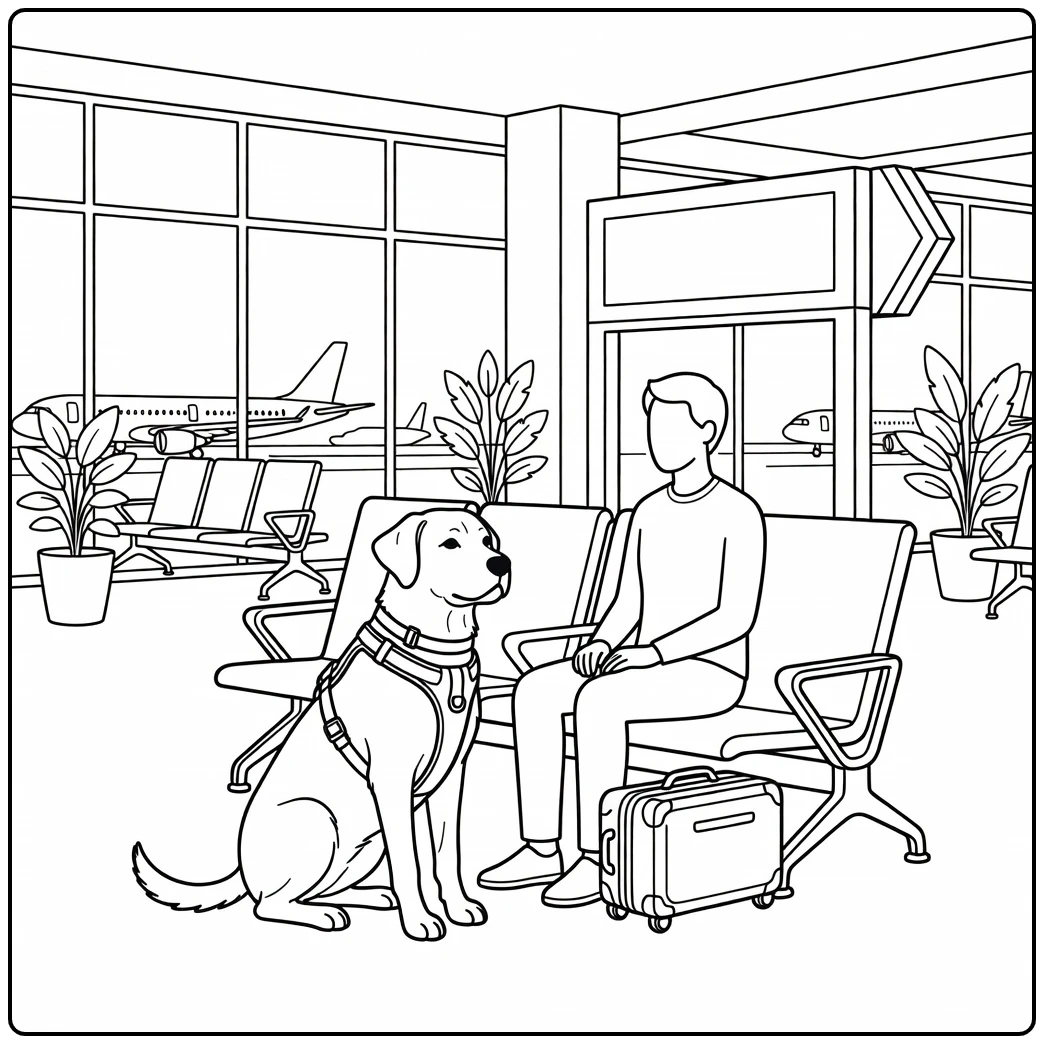 Airport service dog coloring page: loyal canine with handler.