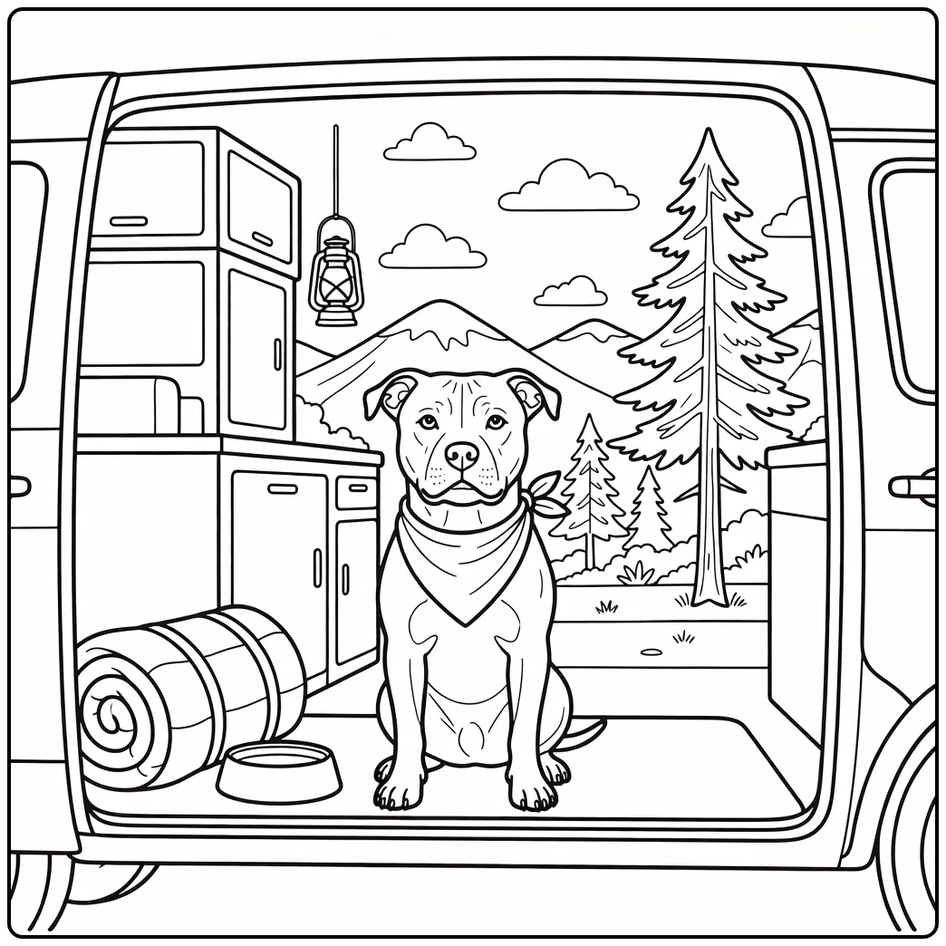 Staffordshire bull terrier coloring page in a cozy camper van doorway.