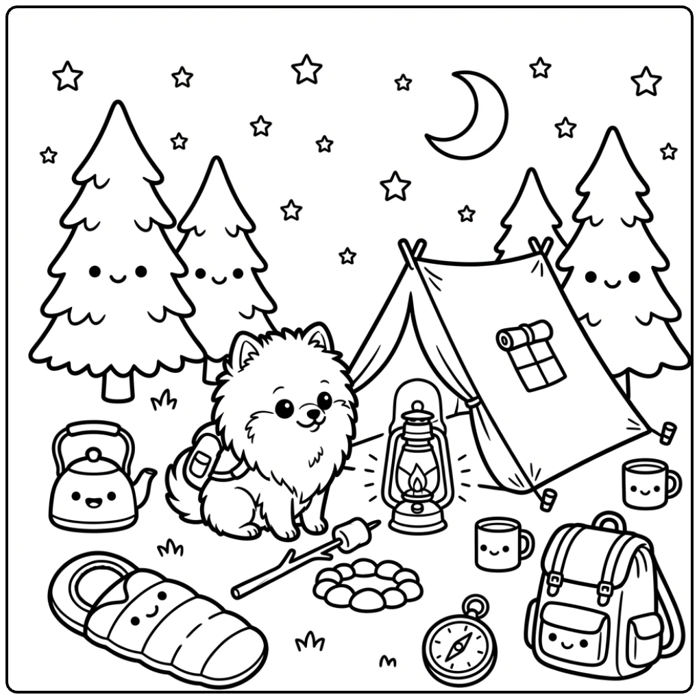 Cute camping Pomeranian coloring page with tent and stars.