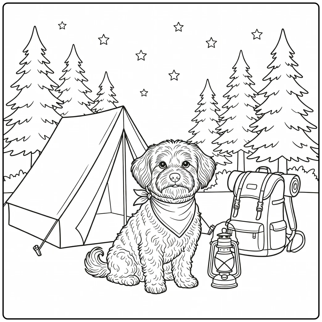 Adventurous havanese coloring page camping under starry night