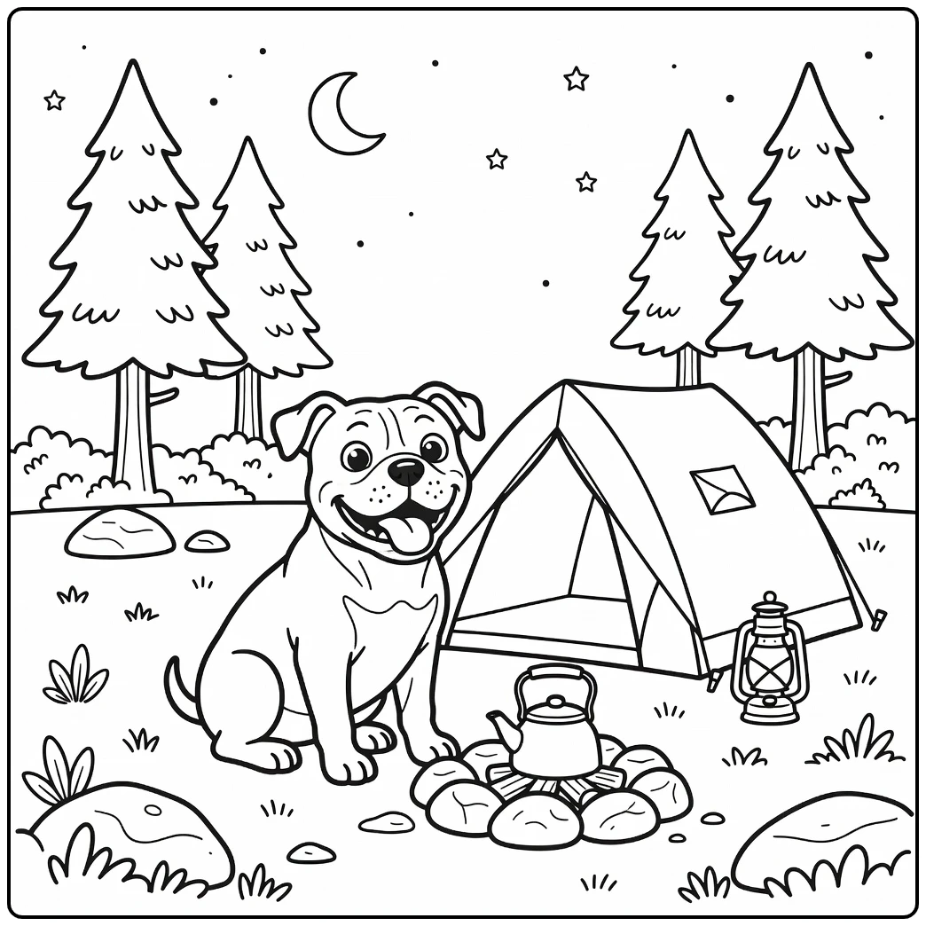 A happy american bulldog coloring page at a campsite with a tent.