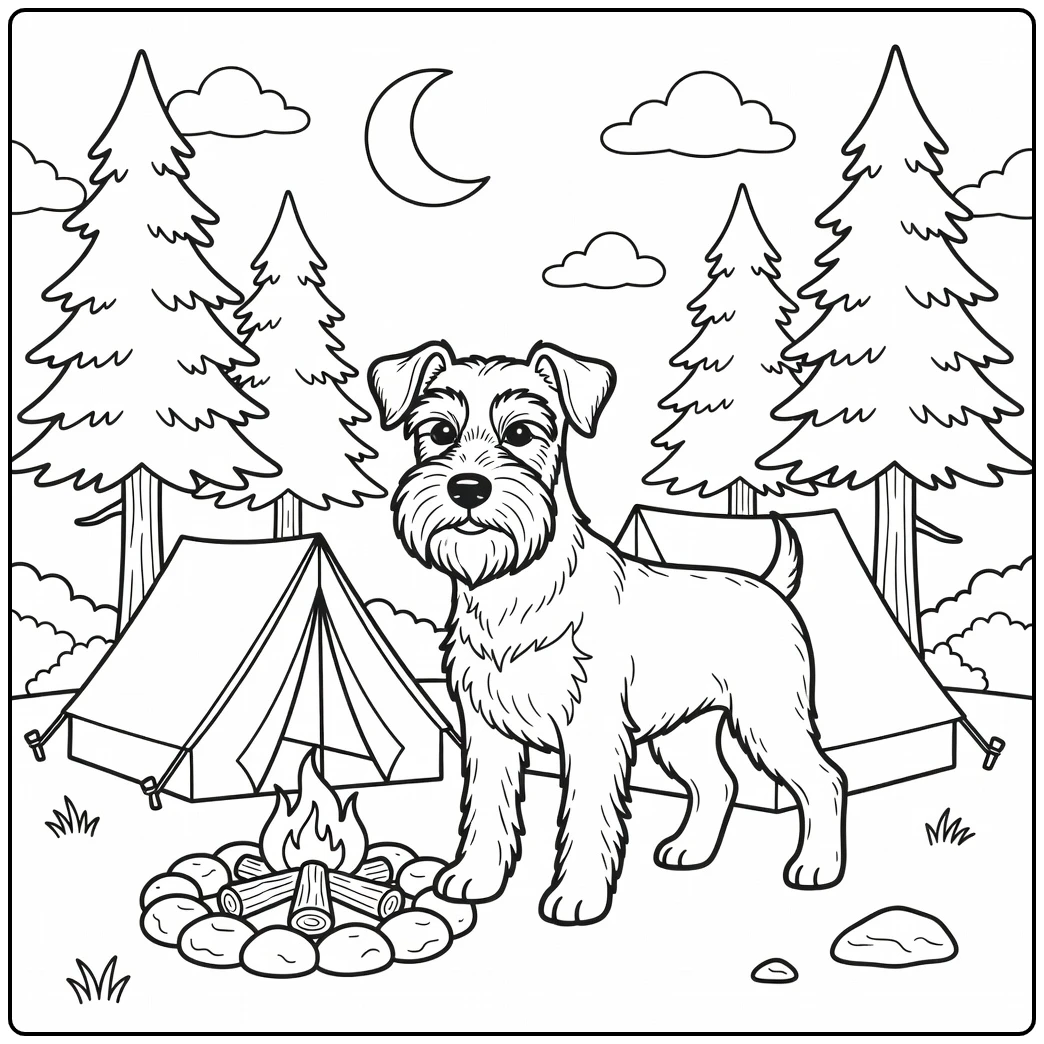 Adventurous schnauzer coloring page for a fun camping scene.