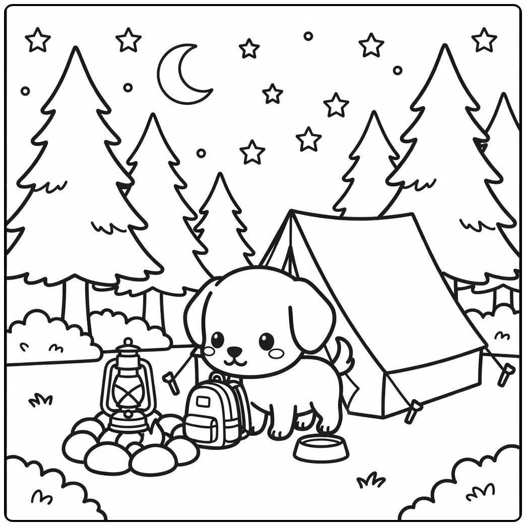 A cute chibi dog coloring page of a pup at a campsite sniffing a bag.