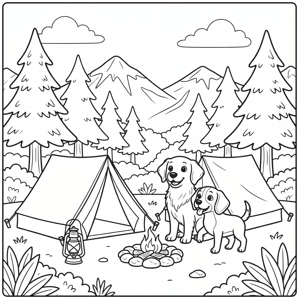 Two friendly pups at a mountain campsite easy dog coloring page.