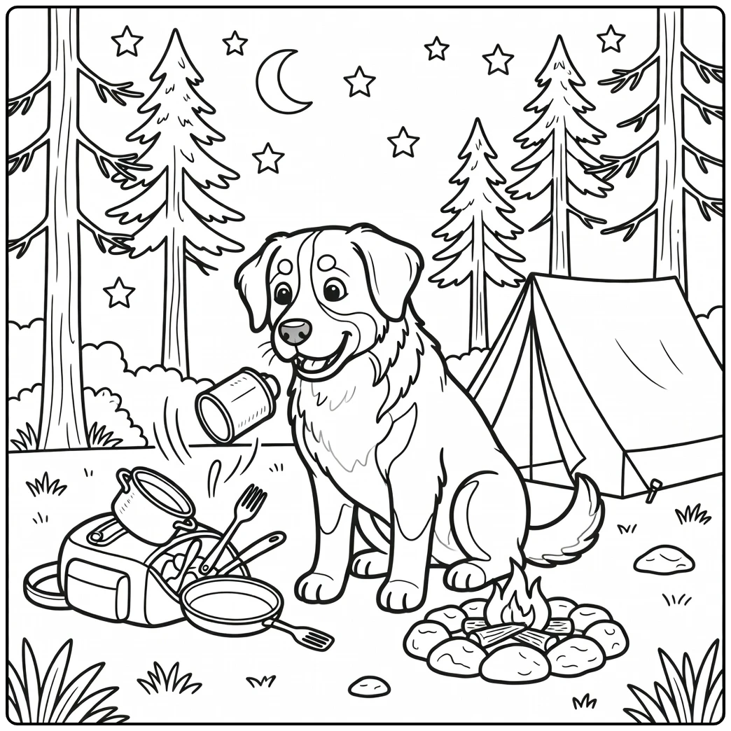 A funny bernese mountain dog coloring page at a campsite.
