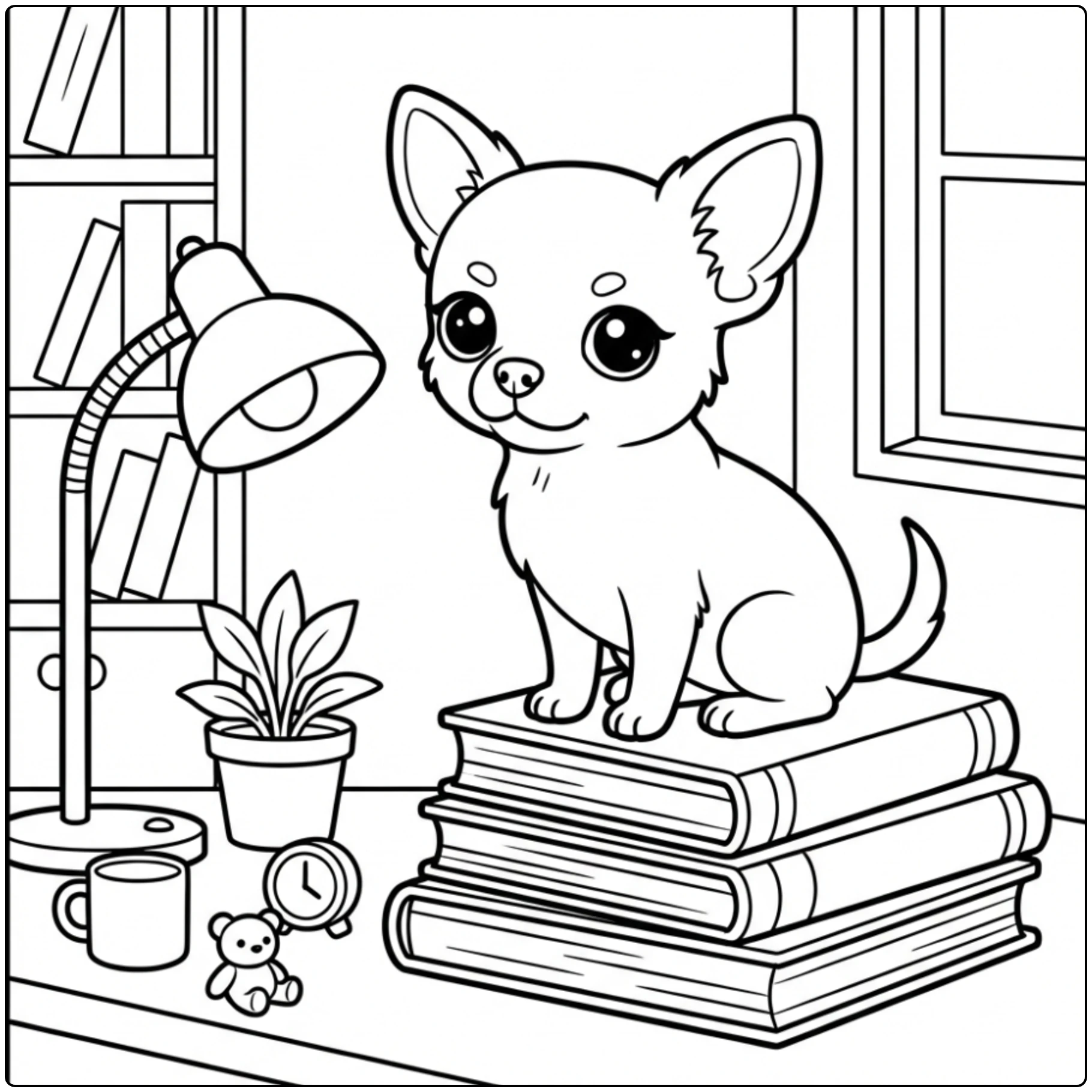 Cute Chihuahua coloring page sitting on a stack of books.
