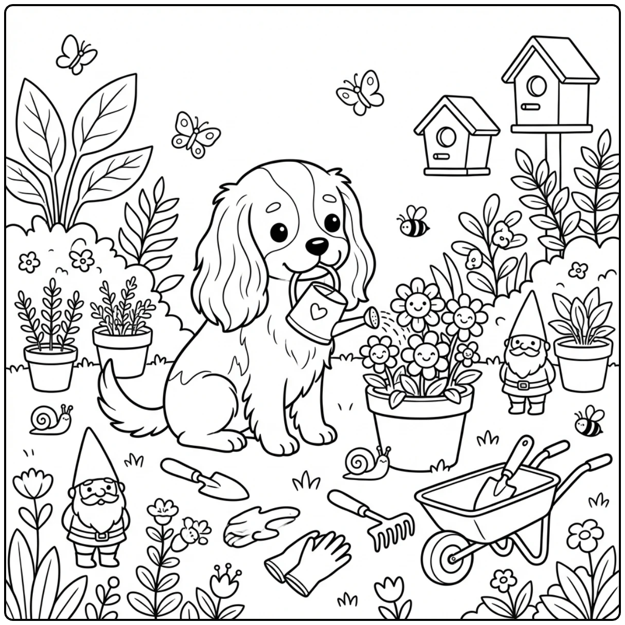 Cute Cavalier King Charles Spaniel coloring page in garden.