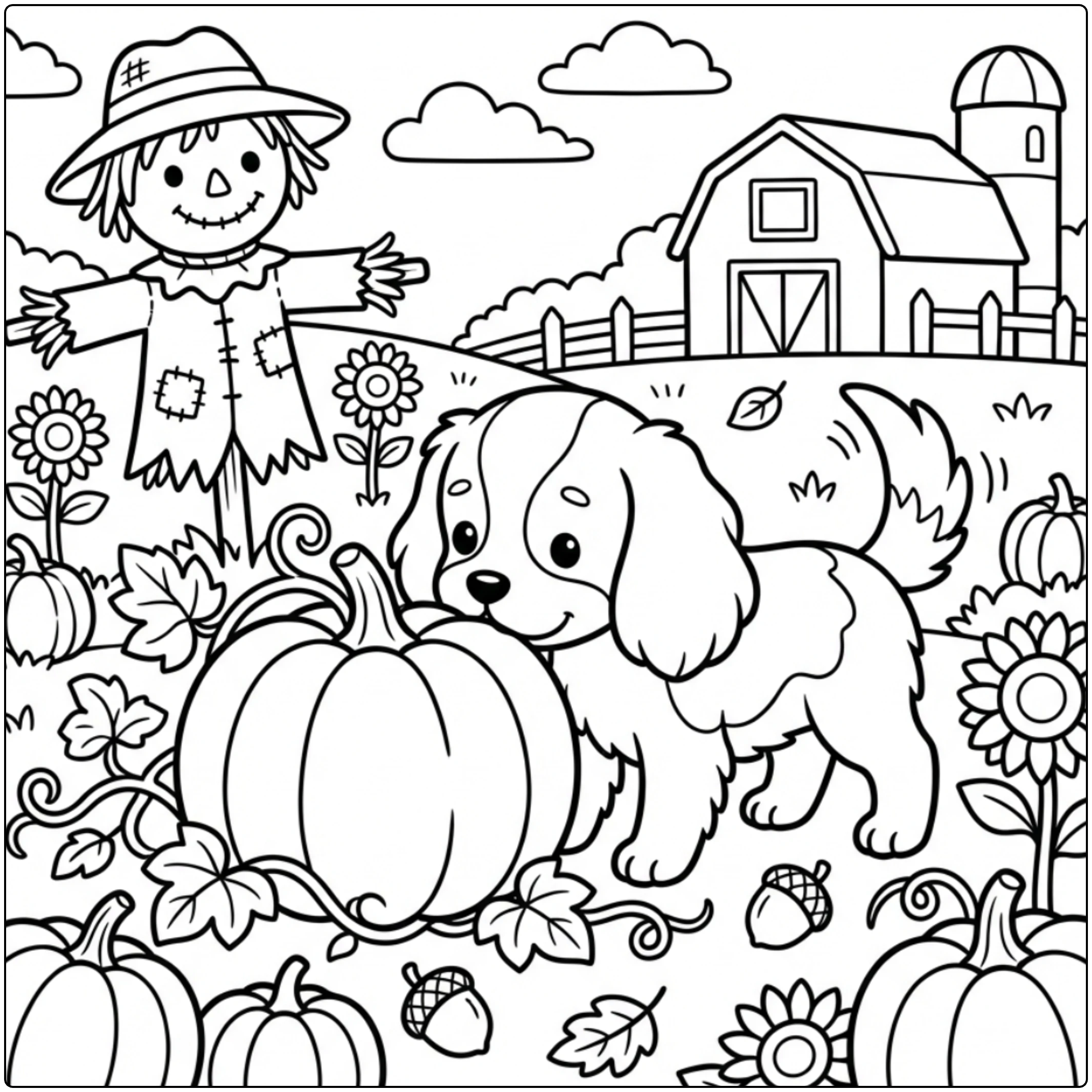 Cute Cavalier King Charles Spaniel coloring page at a farm.