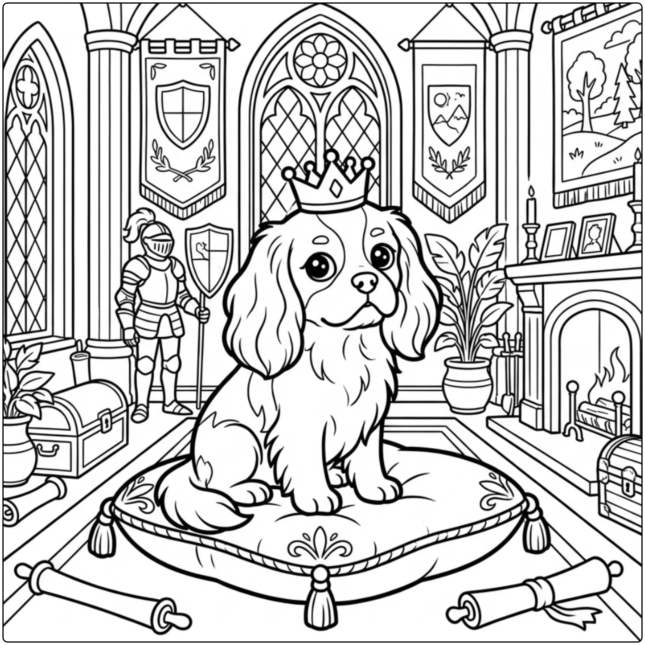Noble Cavalier King Charles Spaniel coloring page with crown