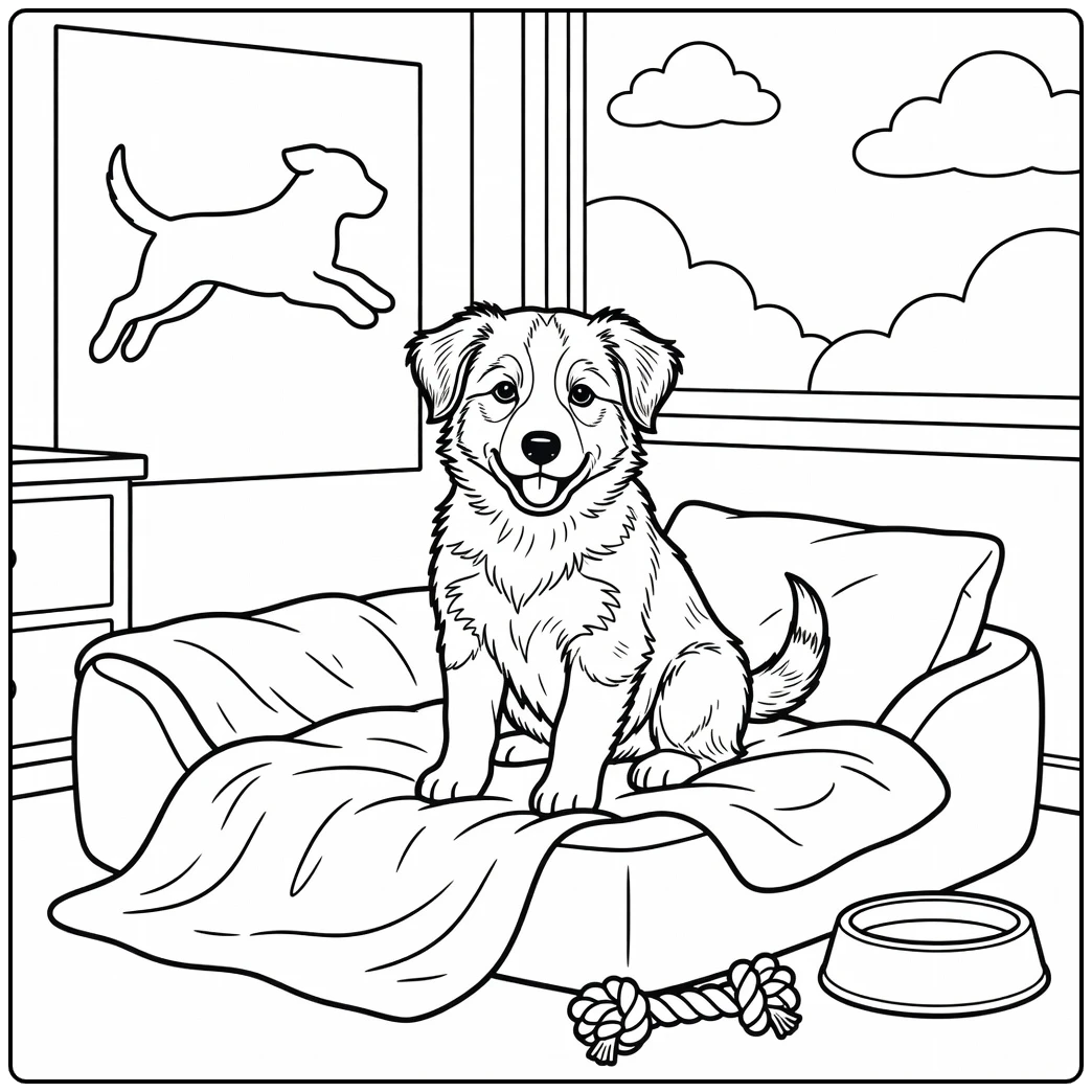 Adorable border collie puppy coloring page on a cozy bed.