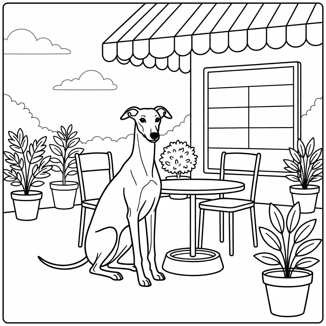 Polite greyhound at cafe with water, a lovely greyhound coloring page.