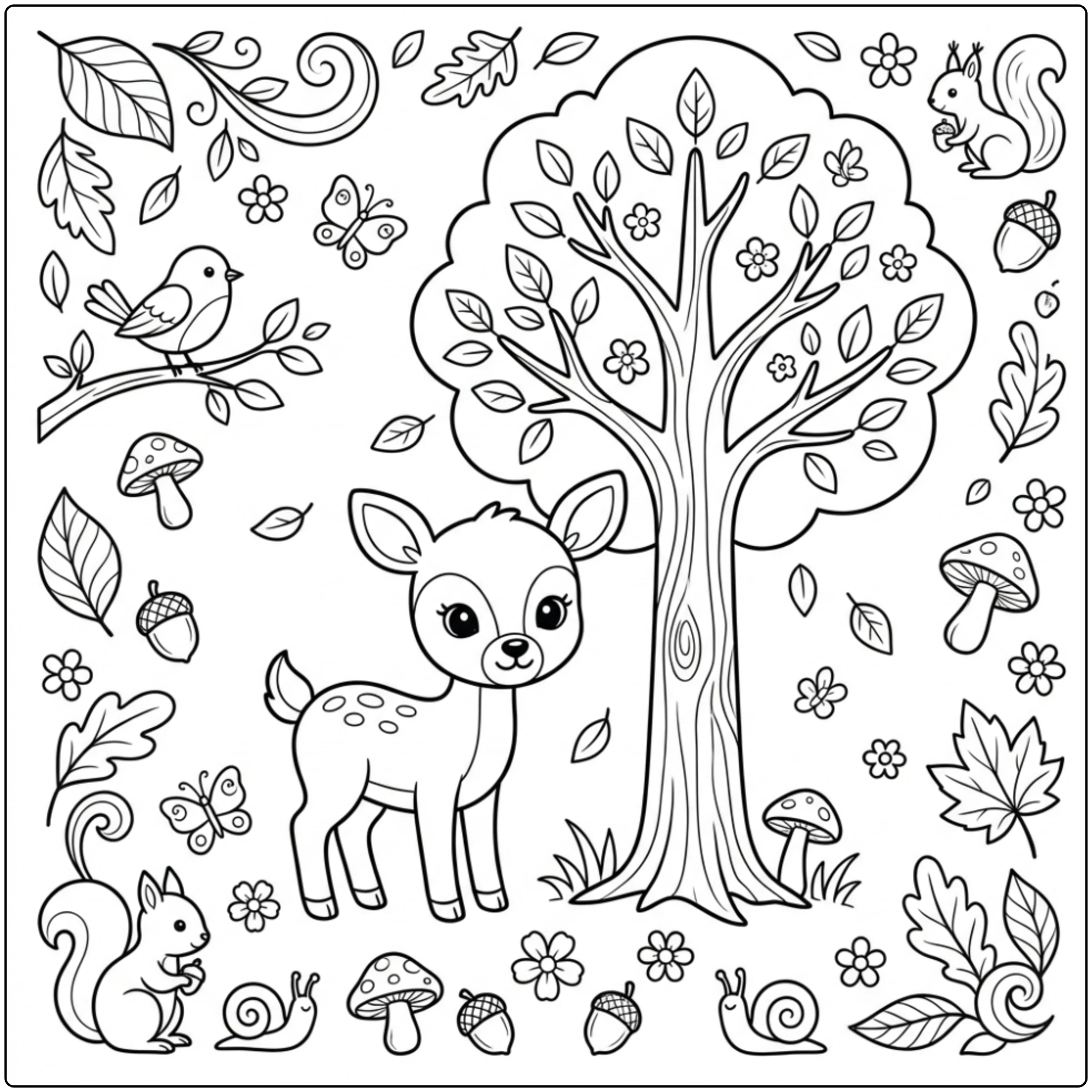 A cute deer near a tree with leaves, Forest Animal coloring page.