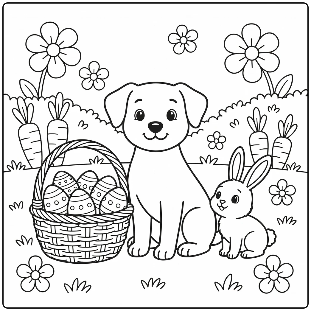 A cute easter dog coloring page with a bunny and a basket of eggs.