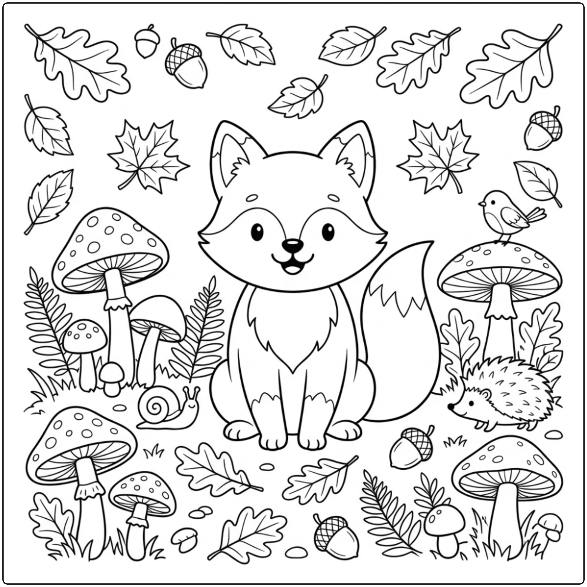 Cute fox among mushrooms in a forest clearing Forest Animal coloring page.