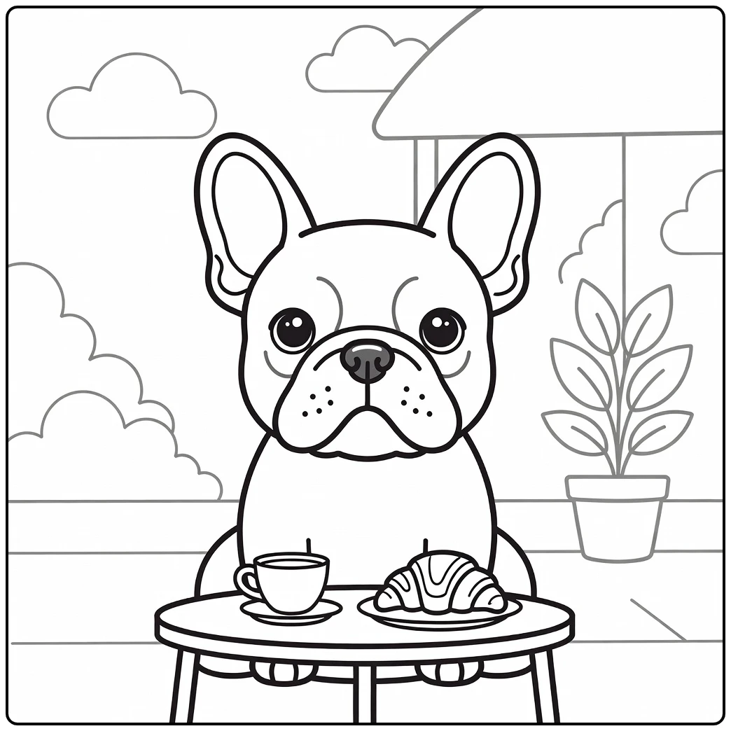 A cute French Bulldog dog face coloring page at a Paris cafe.