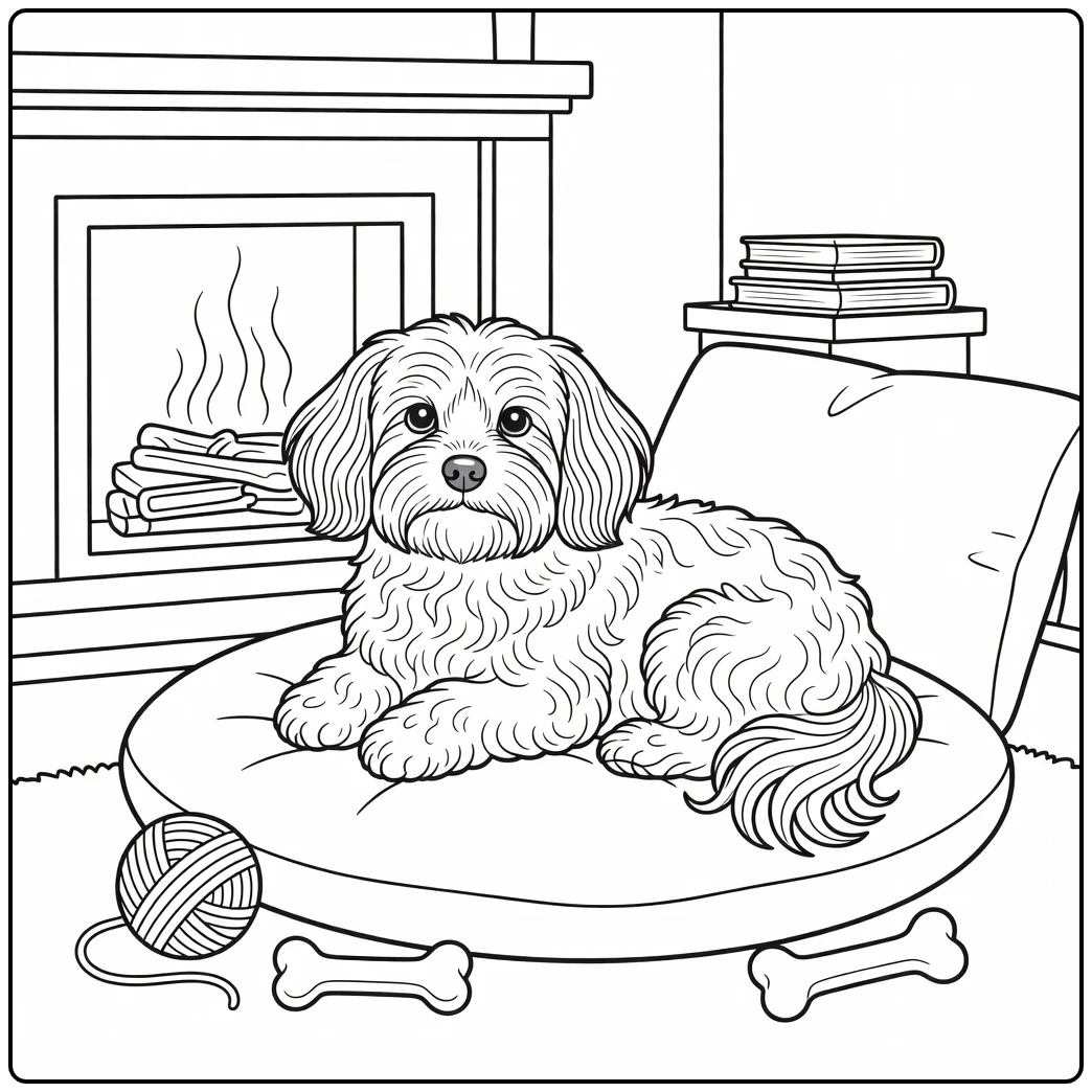 Cozy Havanese coloring page with dog by fireplace and books
