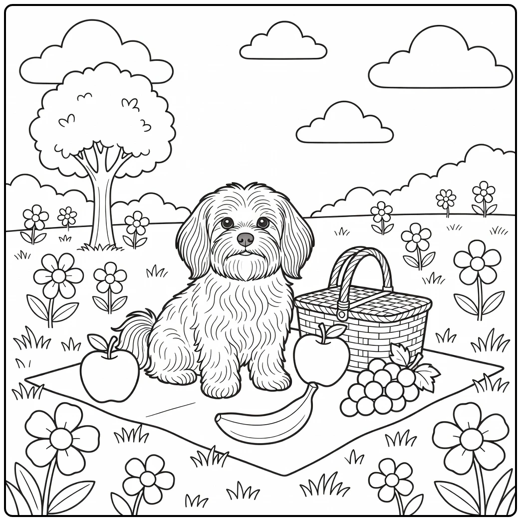 Fluffy havanese coloring page with dog, picnic, and meadow fun.