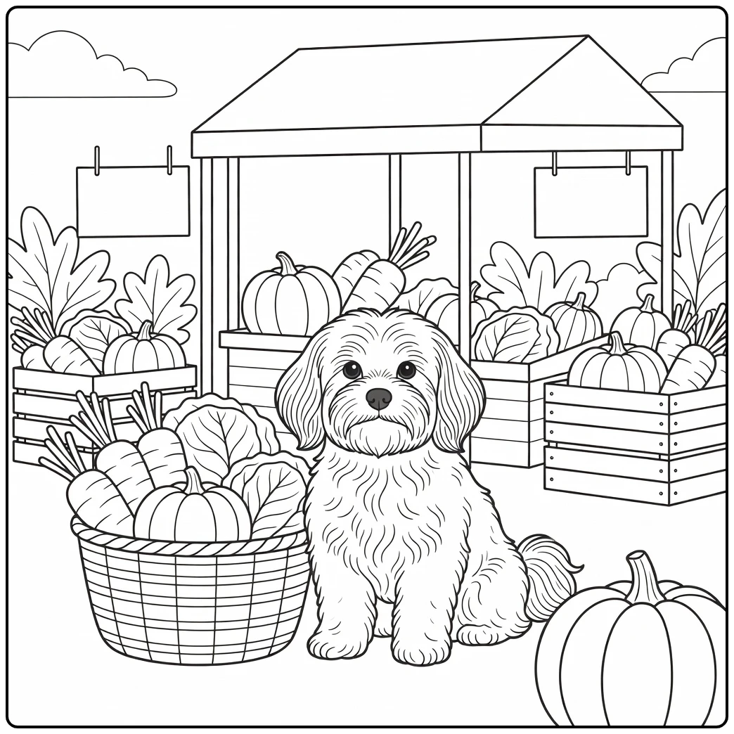 Adorable havanese coloring page at a vibrant farmers market stall.