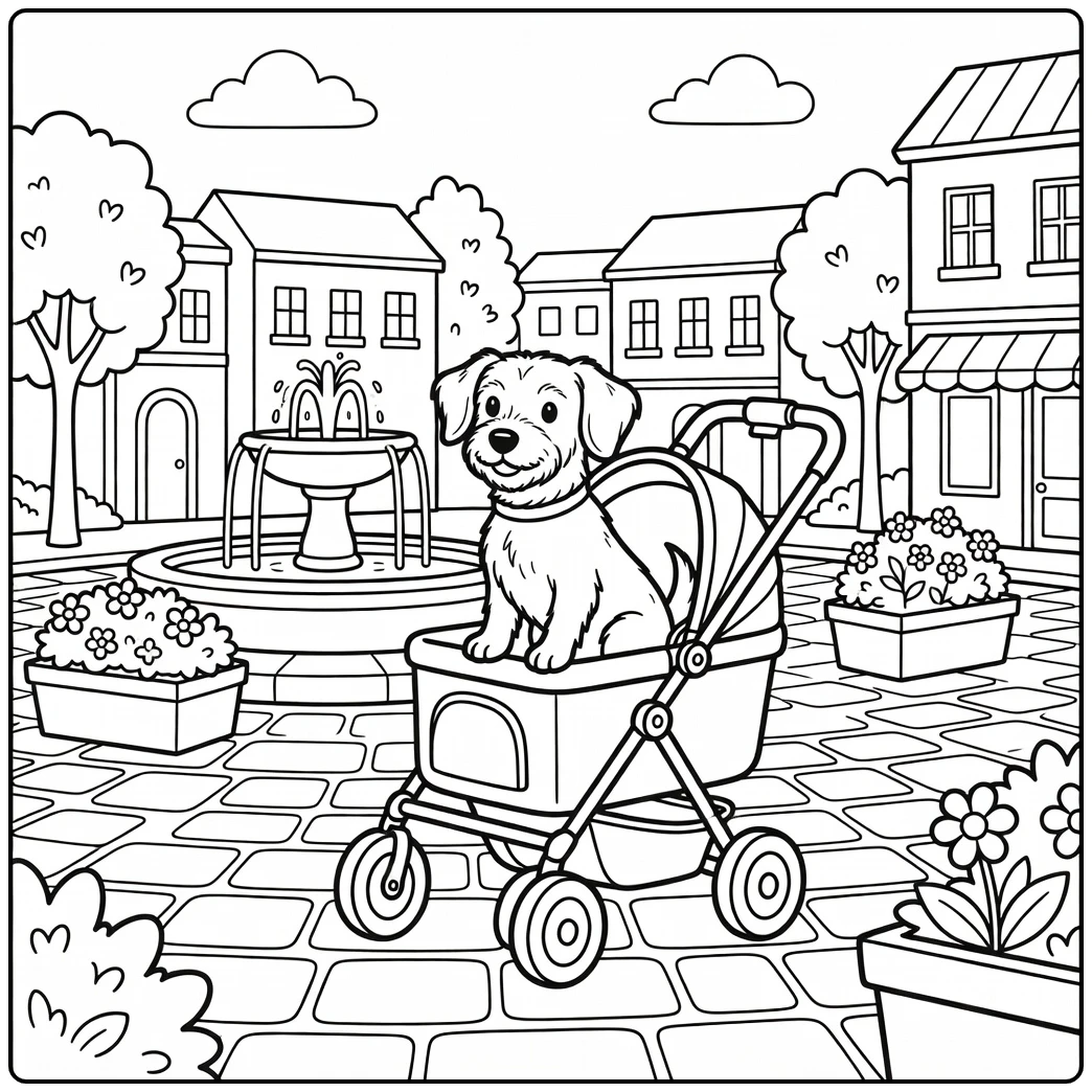Small dog coloring page: Lively pup enjoys a town square stroll.