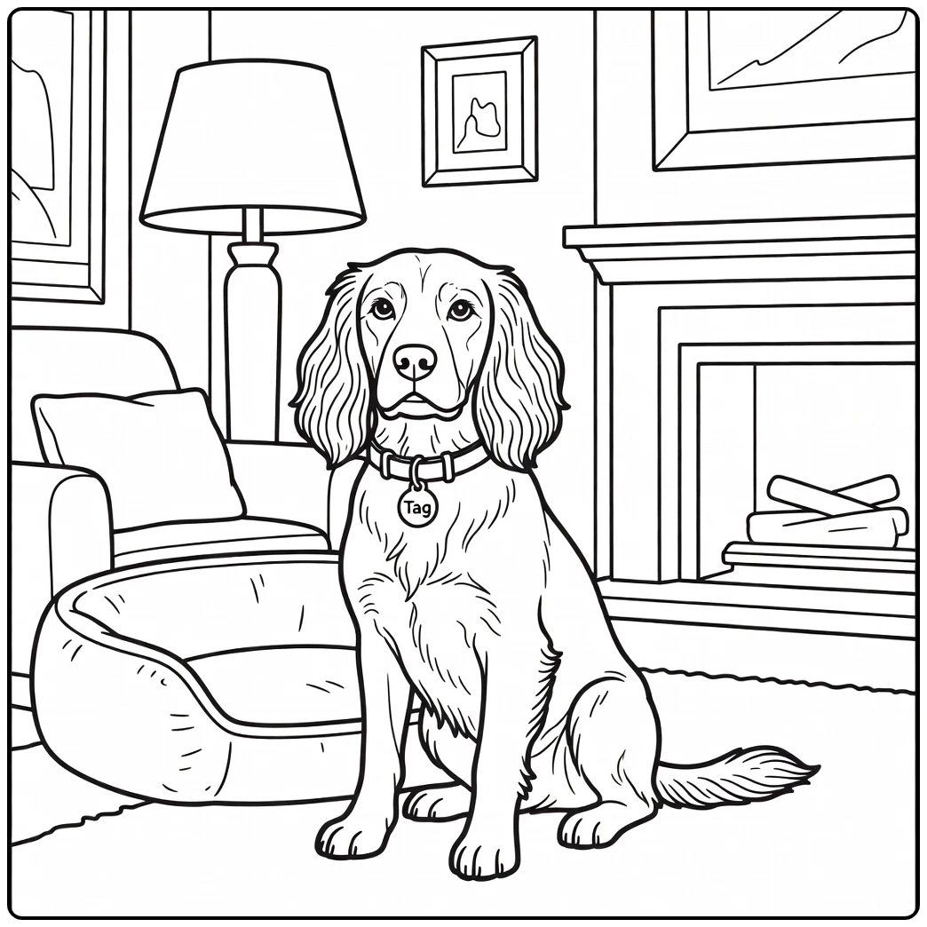 Cozy springer spaniel coloring page in living room with fireplace.