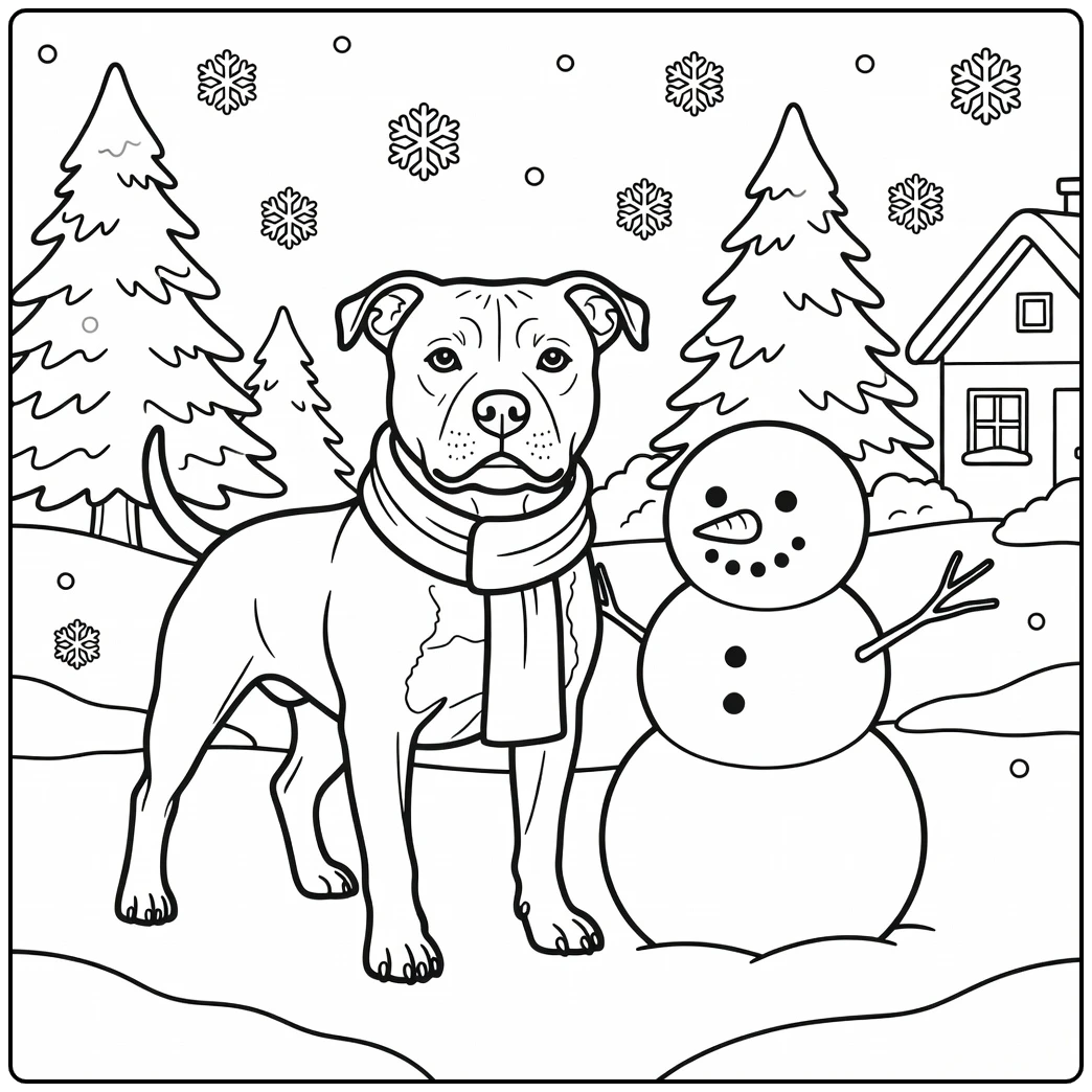 Winter fun staffordshire bull terrier coloring page with snowman.