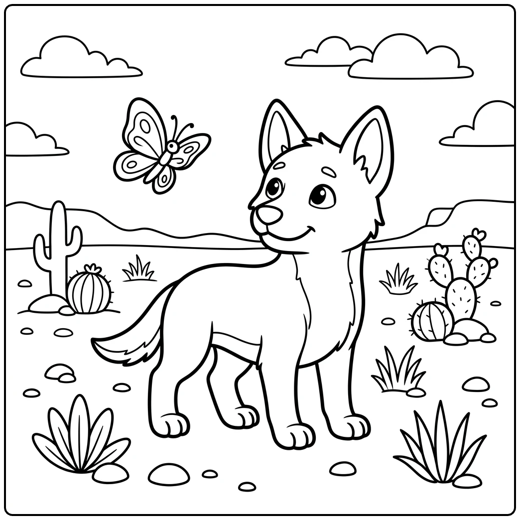 Cute dingo pup watching a butterfly, an Easy Dingo coloring page.