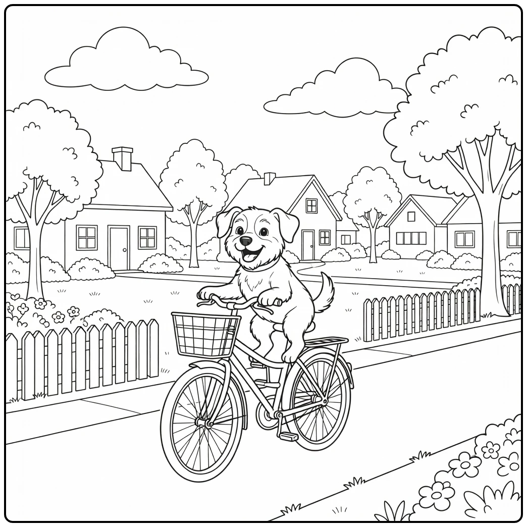 Happy small dog coloring page on a fun bicycle basket ride