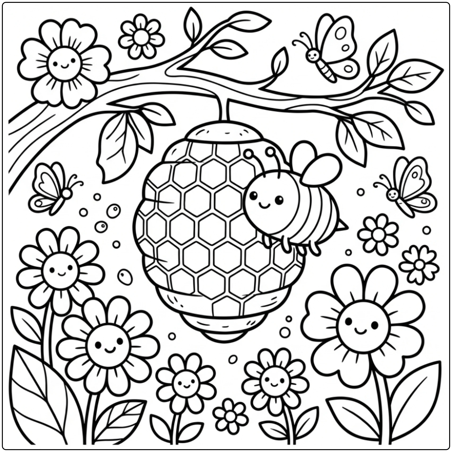Cute Bee coloring page landing on a hive with flowers.