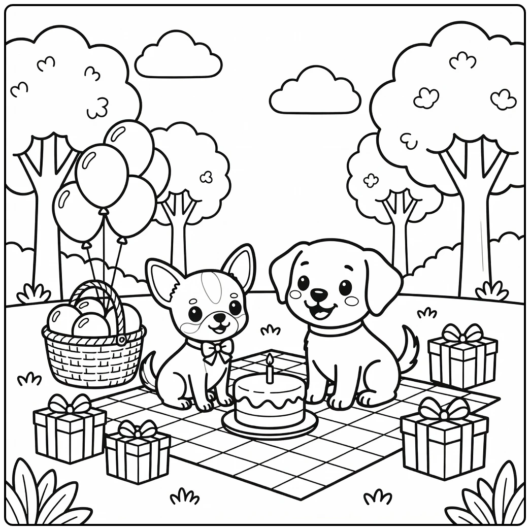 A birthday party cute dog coloring page with two happy puppies.