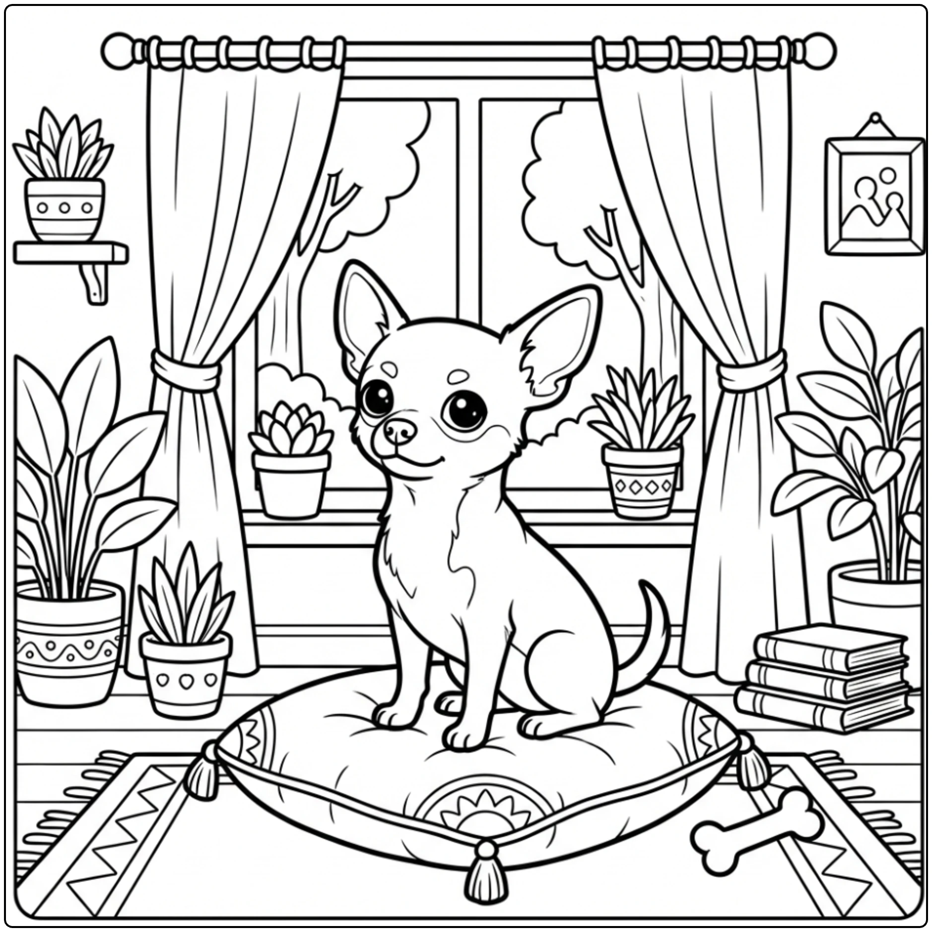 Cute Chihuahua coloring page sitting on a cozy cushion.