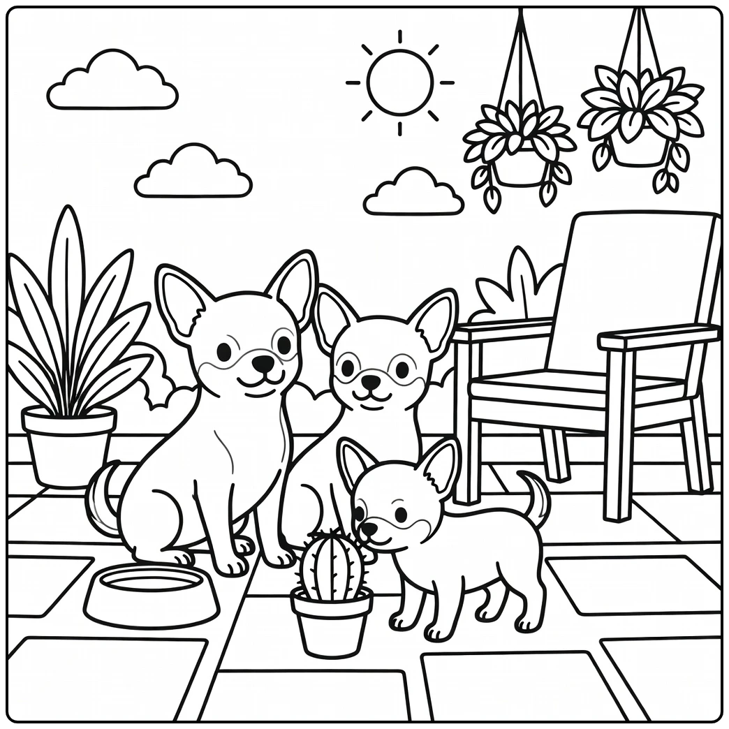 A cute Chihuahua dog family coloring page on a sunny patio.