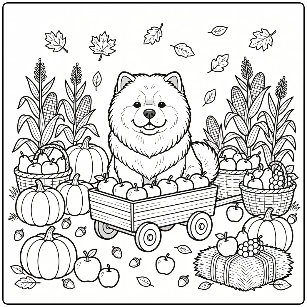 Fall harvest Chow Chow coloring page in an apple wagon.