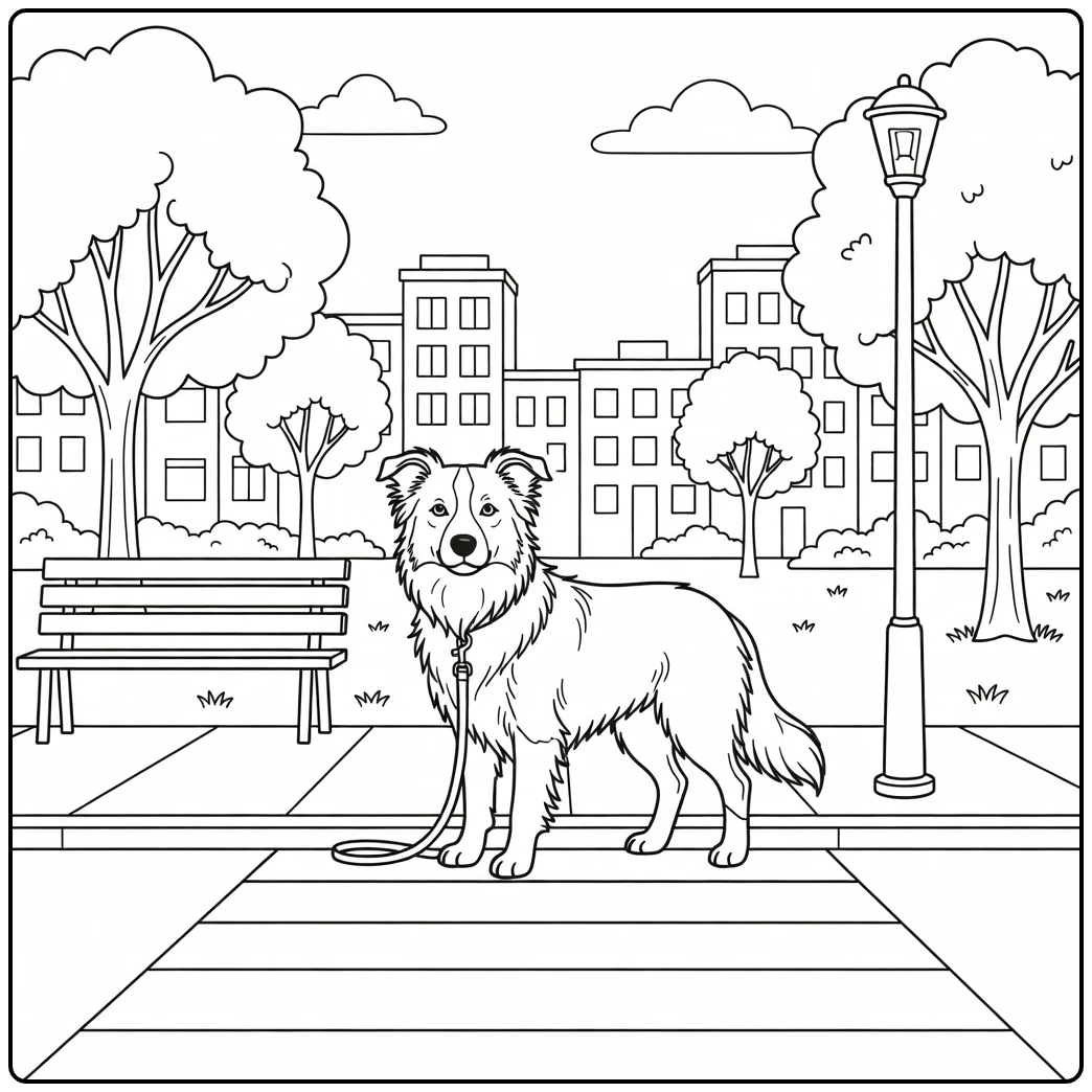 Cute border collie coloring page waits at a city park crosswalk.