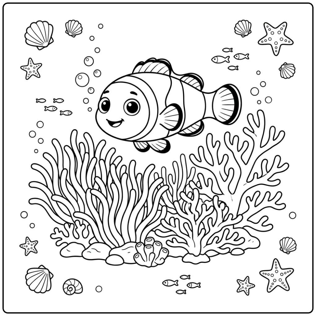 Cute clownfish exploring a vibrant Coral Reef Animals coloring page.