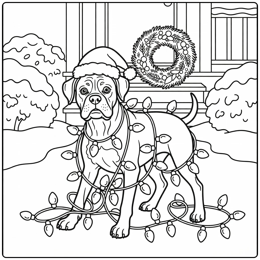Funny Boxer dog tangled in Christmas lights, christmas dog coloring page.