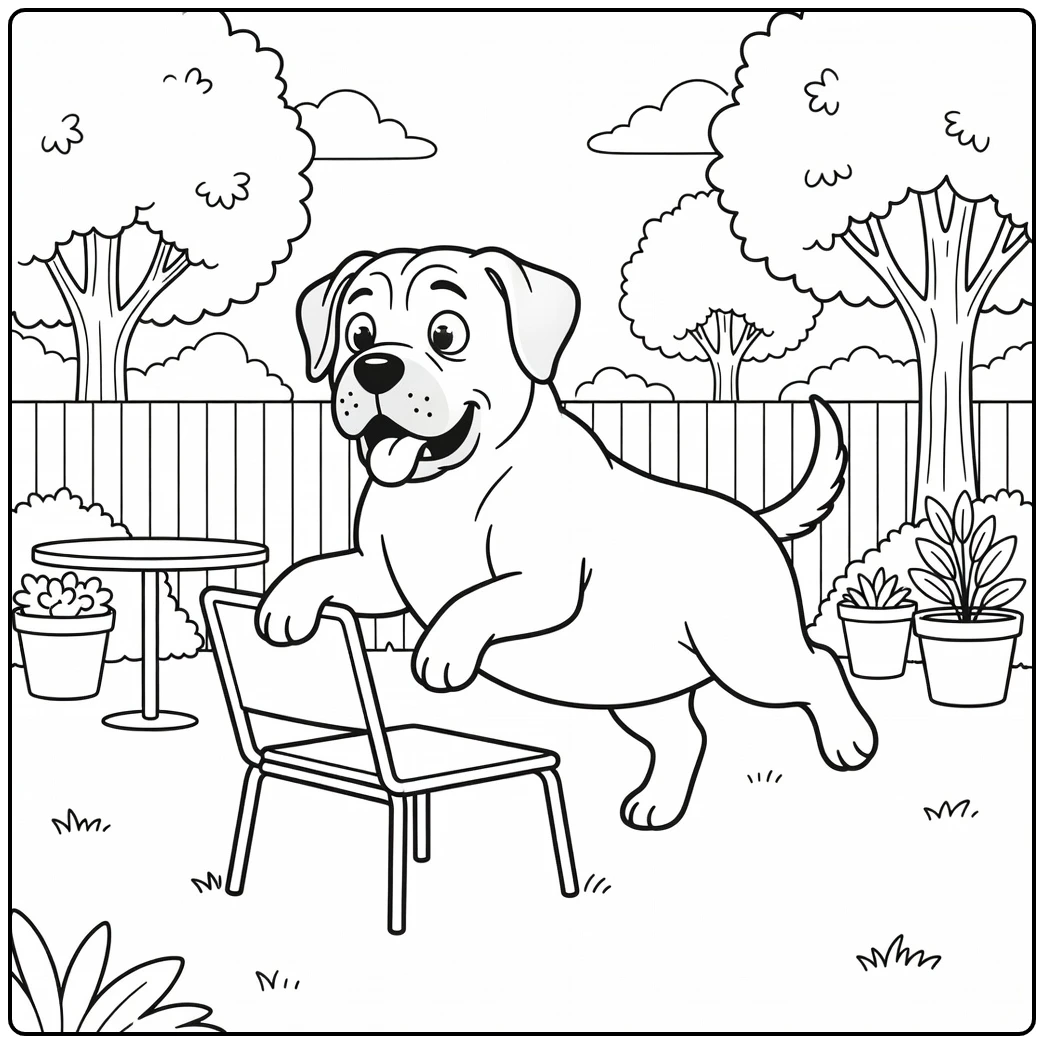 A funny mastiff coloring page of a clumsy dog flopped on a chair.