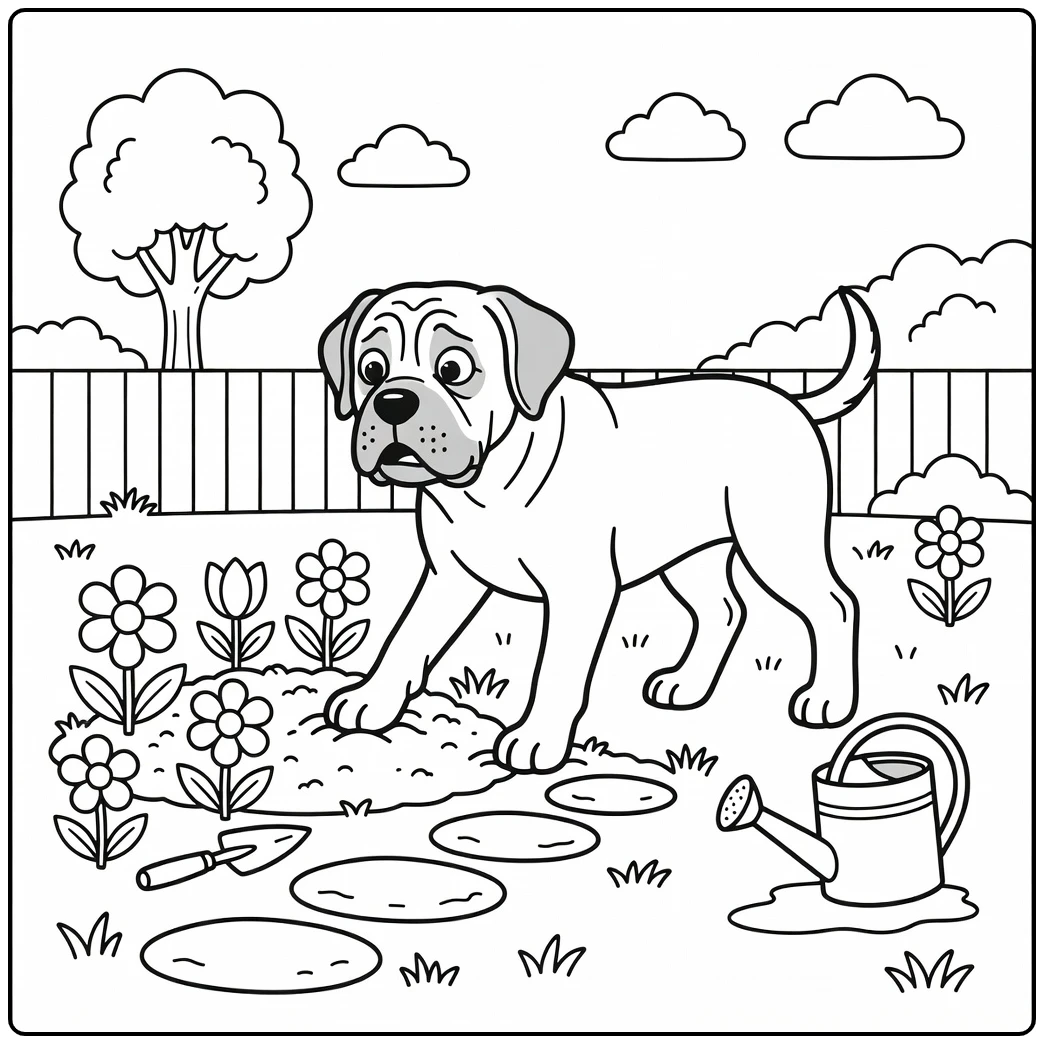 A funny english mastiff coloring page with a dog's paw in a garden.