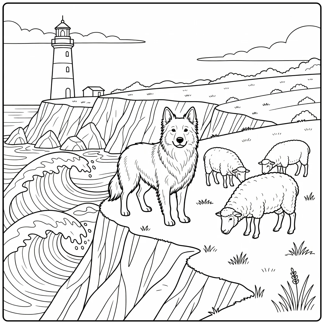 Alert sheepdog coloring page watching over sheep on a sunny cliff.
