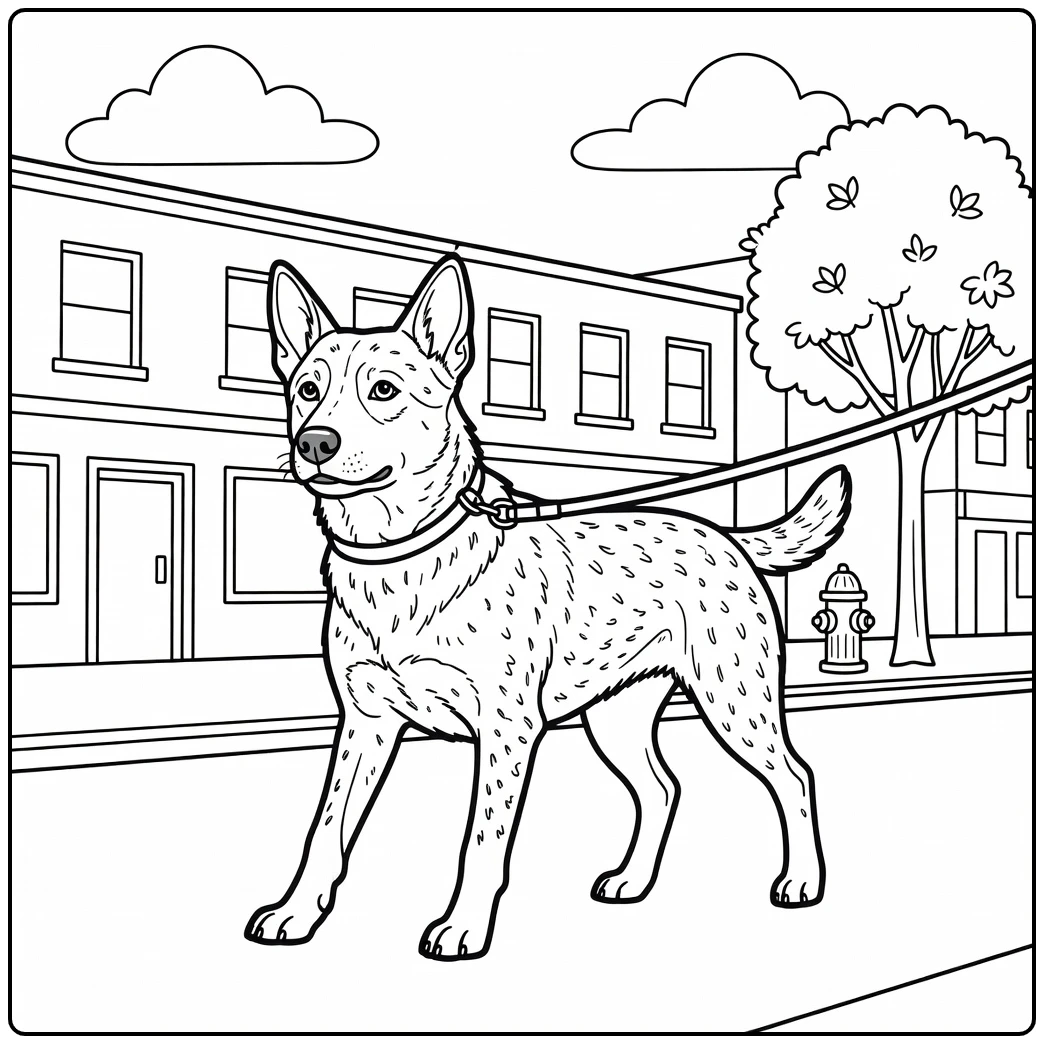A curious dog on a city walk australian cattle dog coloring page.