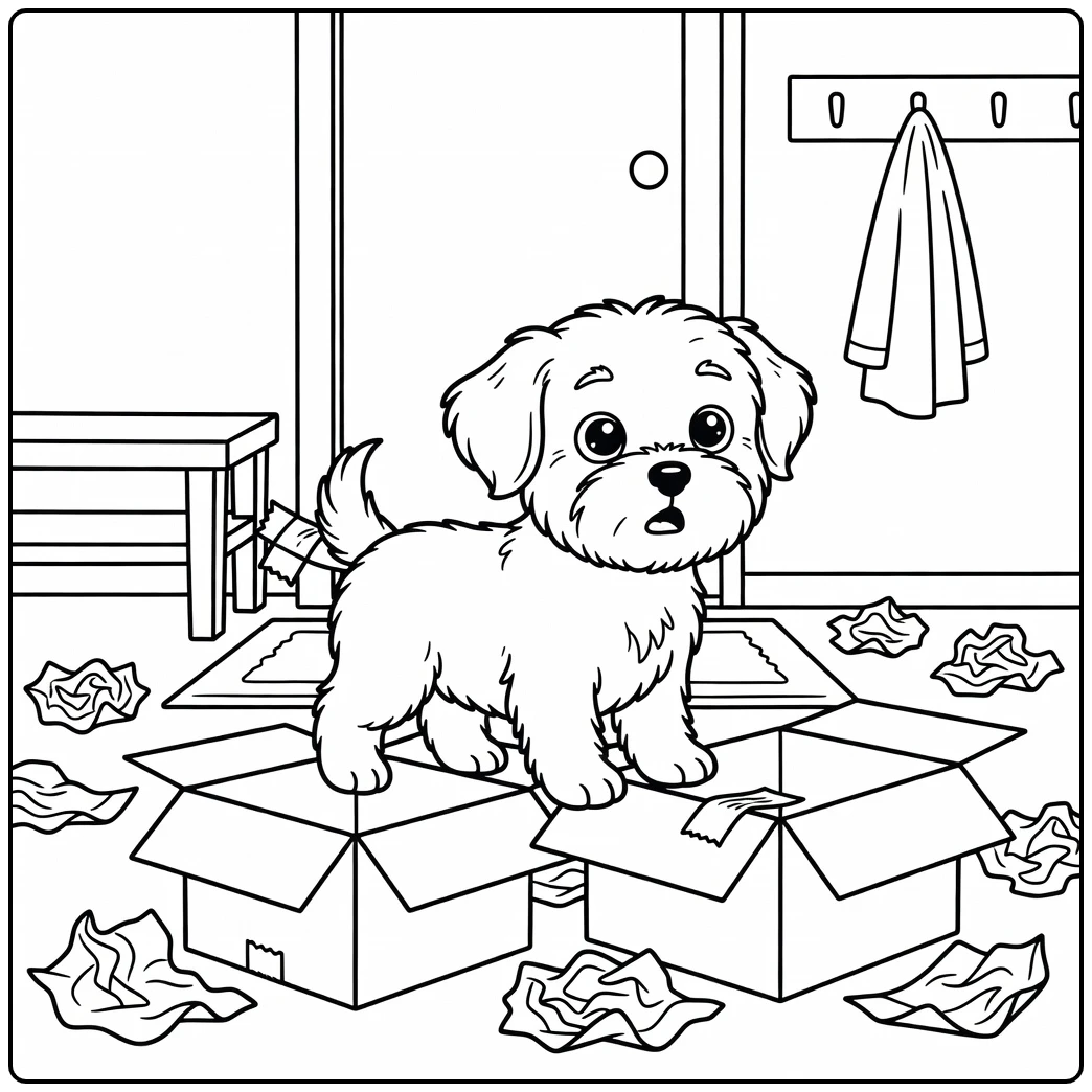 Funny puppy with a packaging tape tail on a maltese coloring page.
