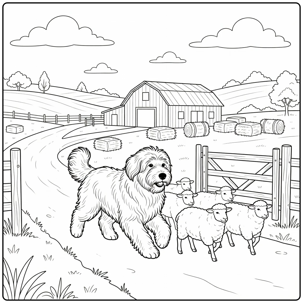 Lively old english sheepdog coloring page herding sheep on farm lane.