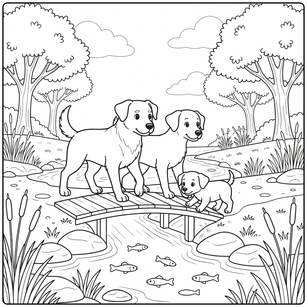 A cute dog family coloring page crossing a rustic wooden bridge.