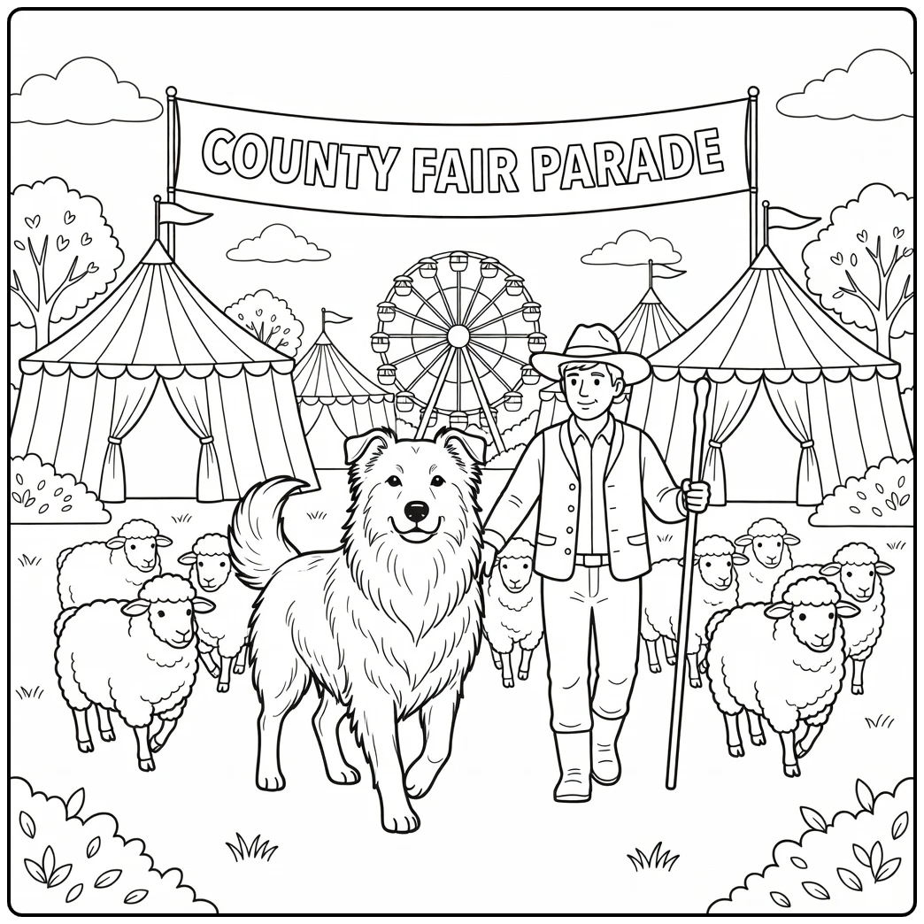Proud sheepdog coloring page leads parade at county fair scene.