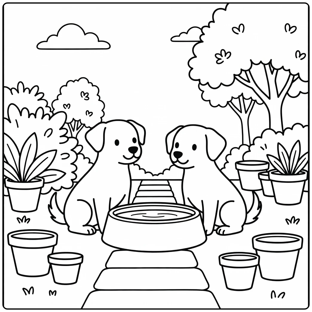 Two friendly pups on an easy dog coloring page drinking water.