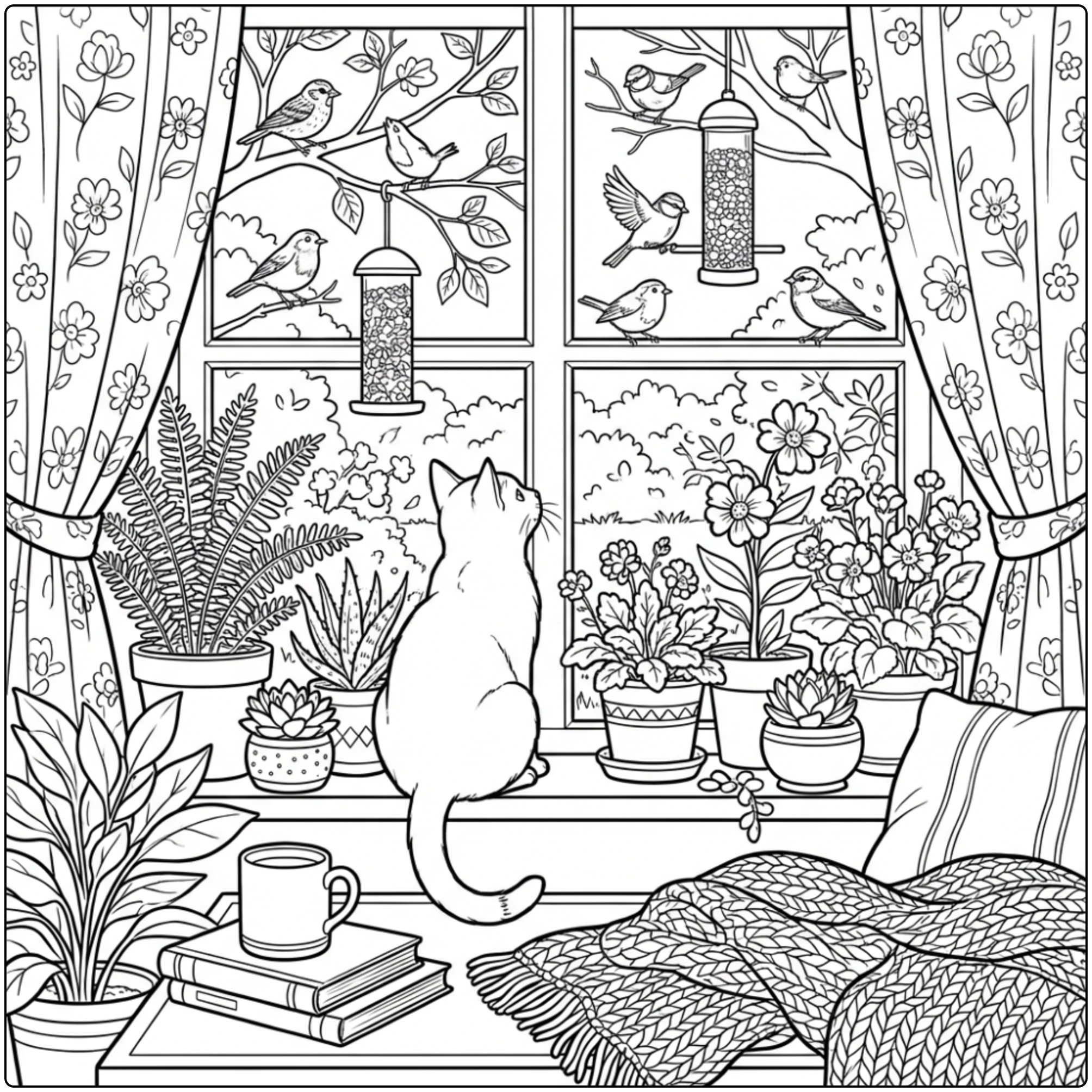 Animal coloring page of a cat on a window ledge watching birds.
