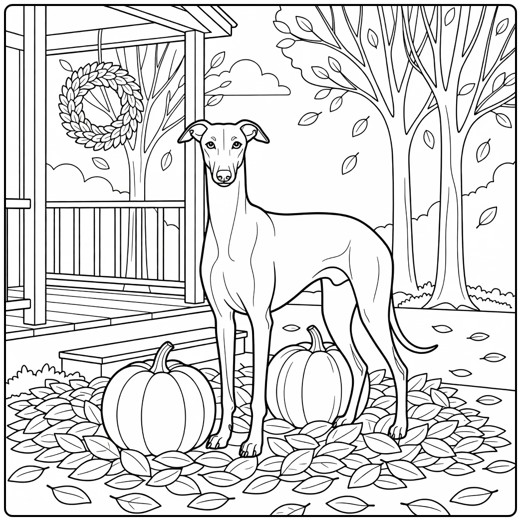 Autumn greyhound coloring page with leaves and pumpkin on a porch.