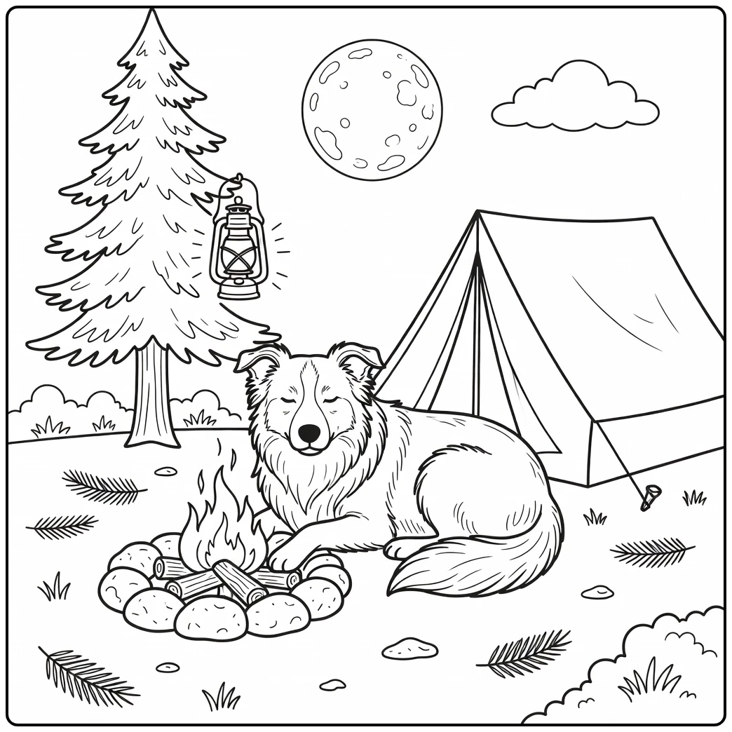 Peaceful border collie coloring page camping under a big moon.